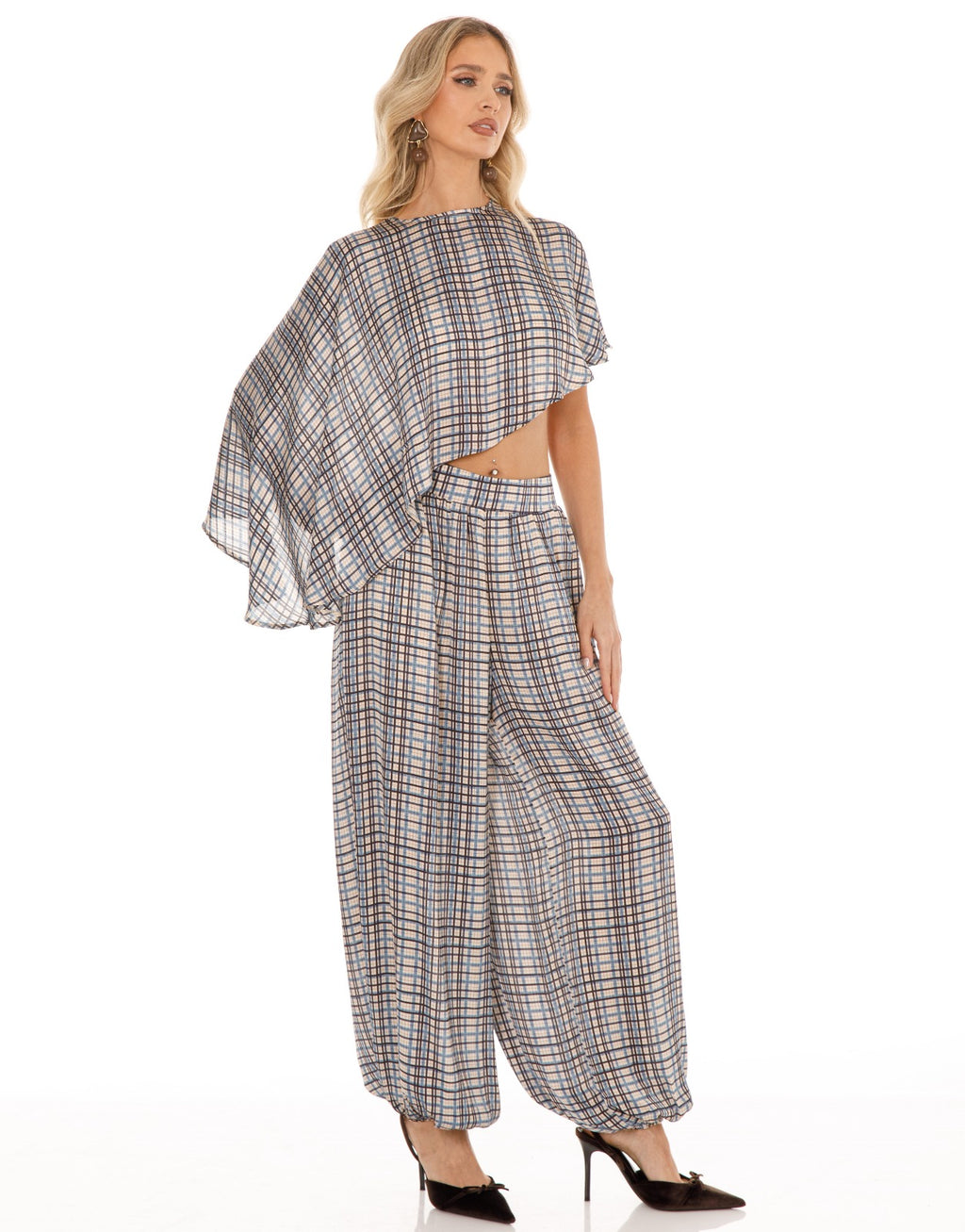 Plaid Cape Top and Pants Matching Set - Light Blue