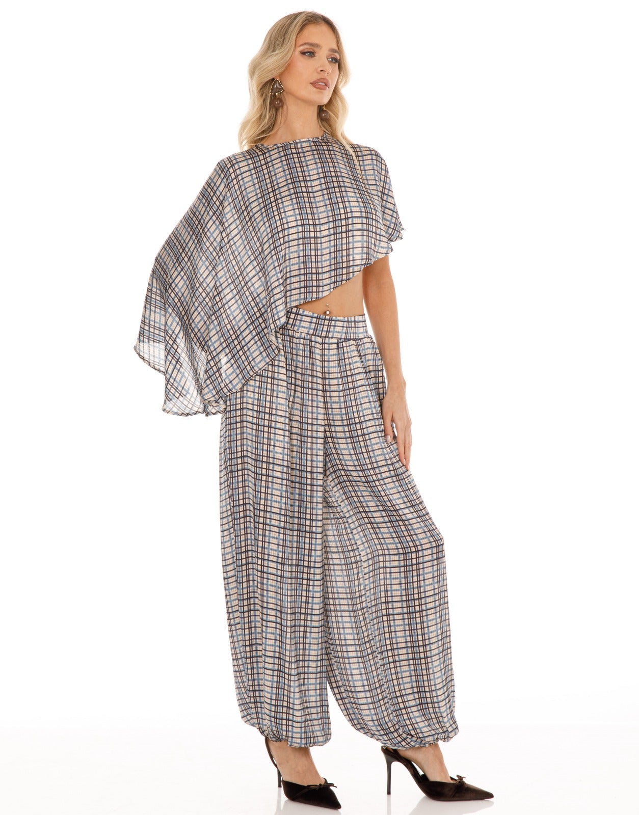 Plaid Cape Top and Pants Matching Set - Light Blue