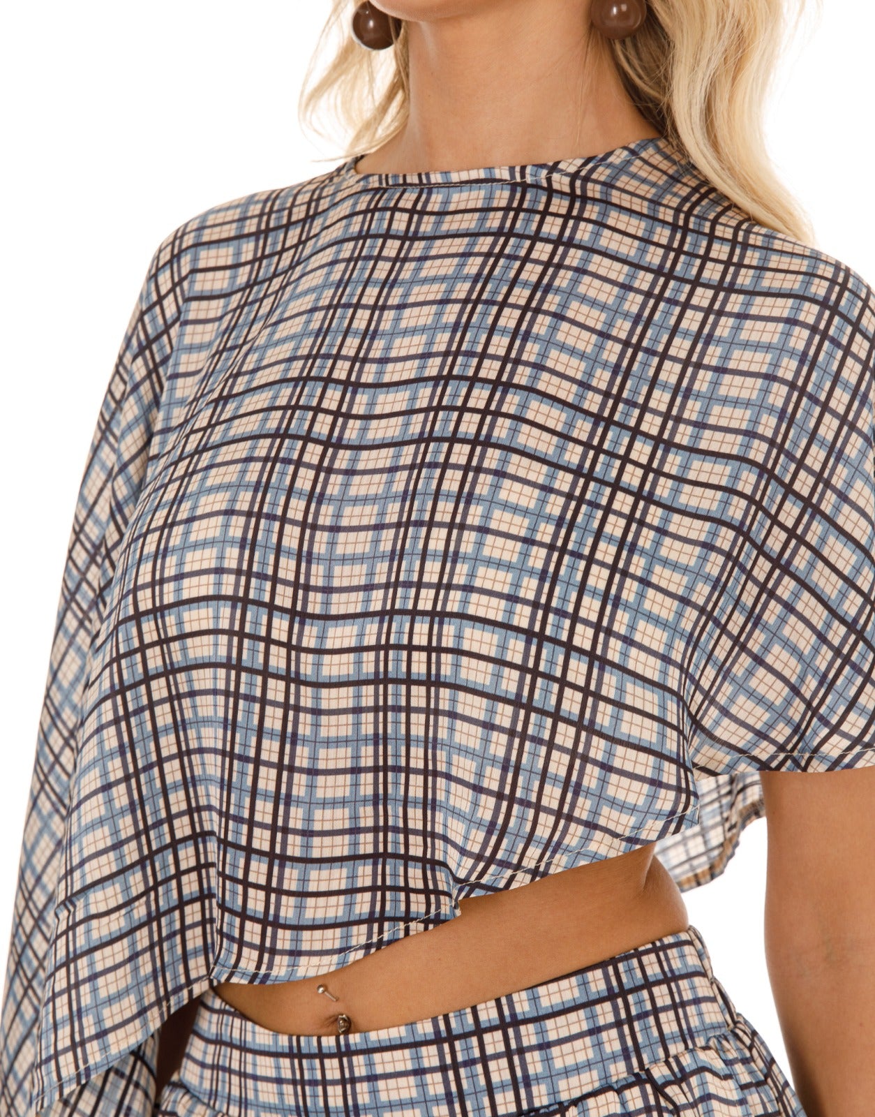 Plaid Cape Top and Pants Matching Set - Light Blue