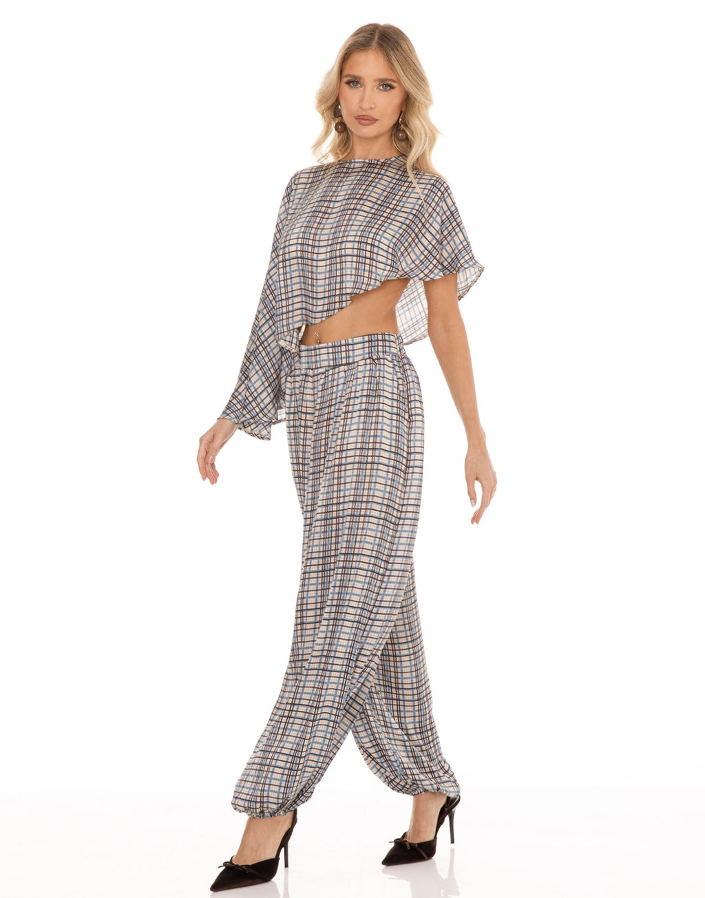 Plaid Cape Top and Pants Matching Set - Light Blue