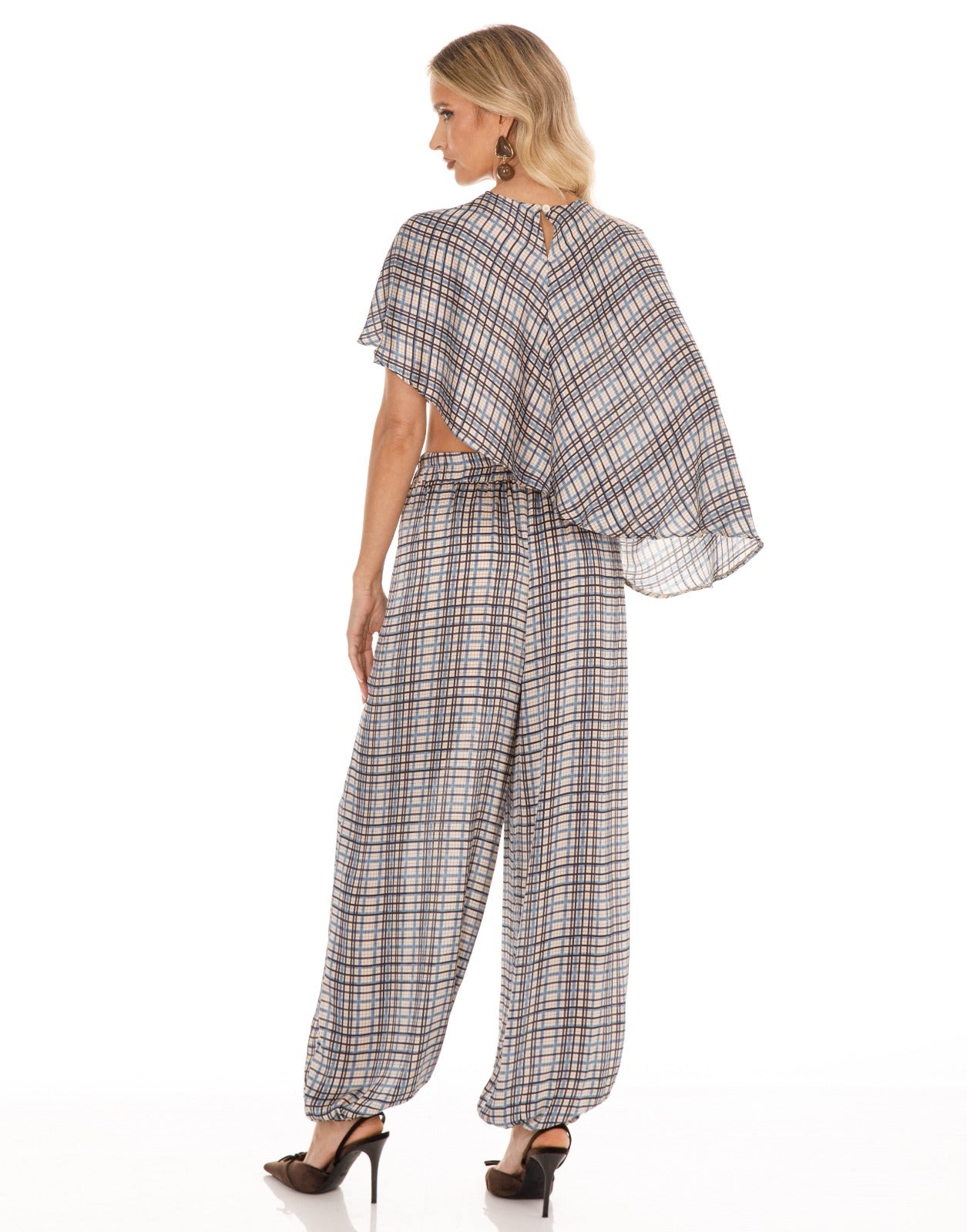 Plaid Cape Top and Pants Matching Set - Light Blue