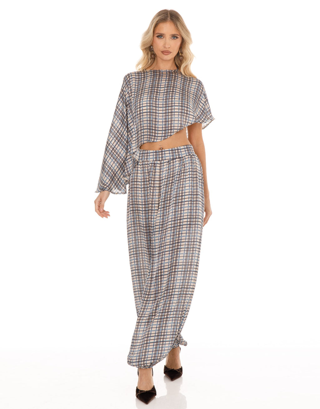 Plaid Cape Top and Pants Matching Set - Light Blue
