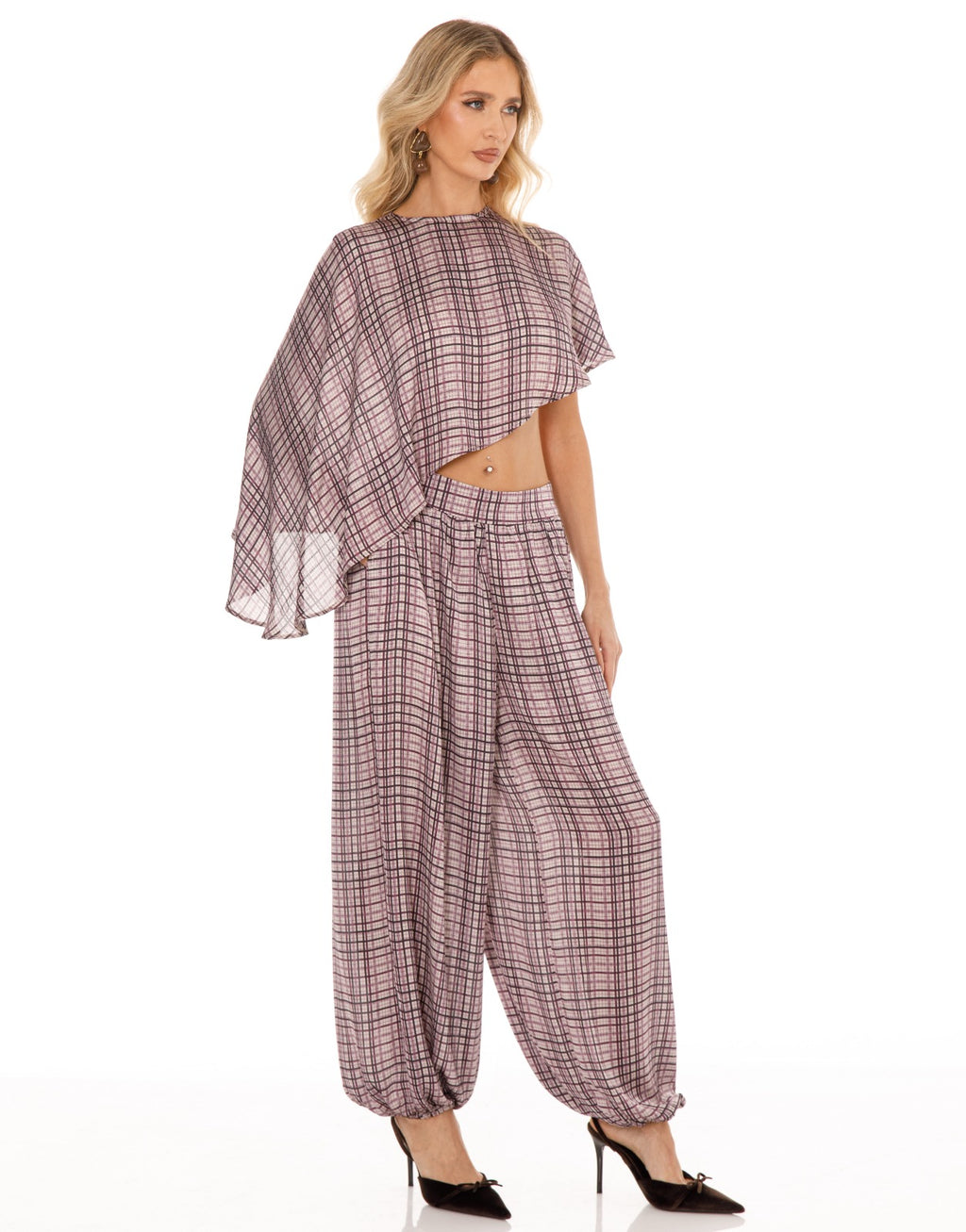Plaid Cape Top and Pants Matching Set - Purple