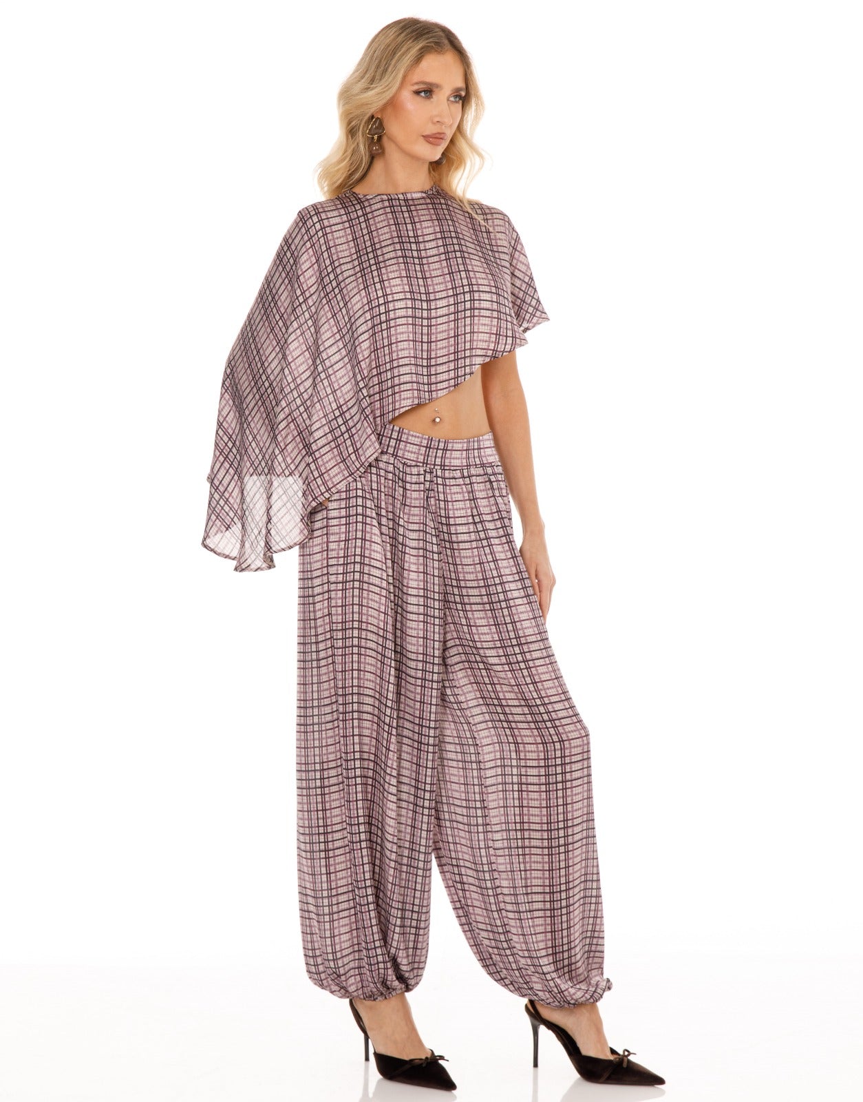 Plaid Cape Top and Pants Matching Set - Purple