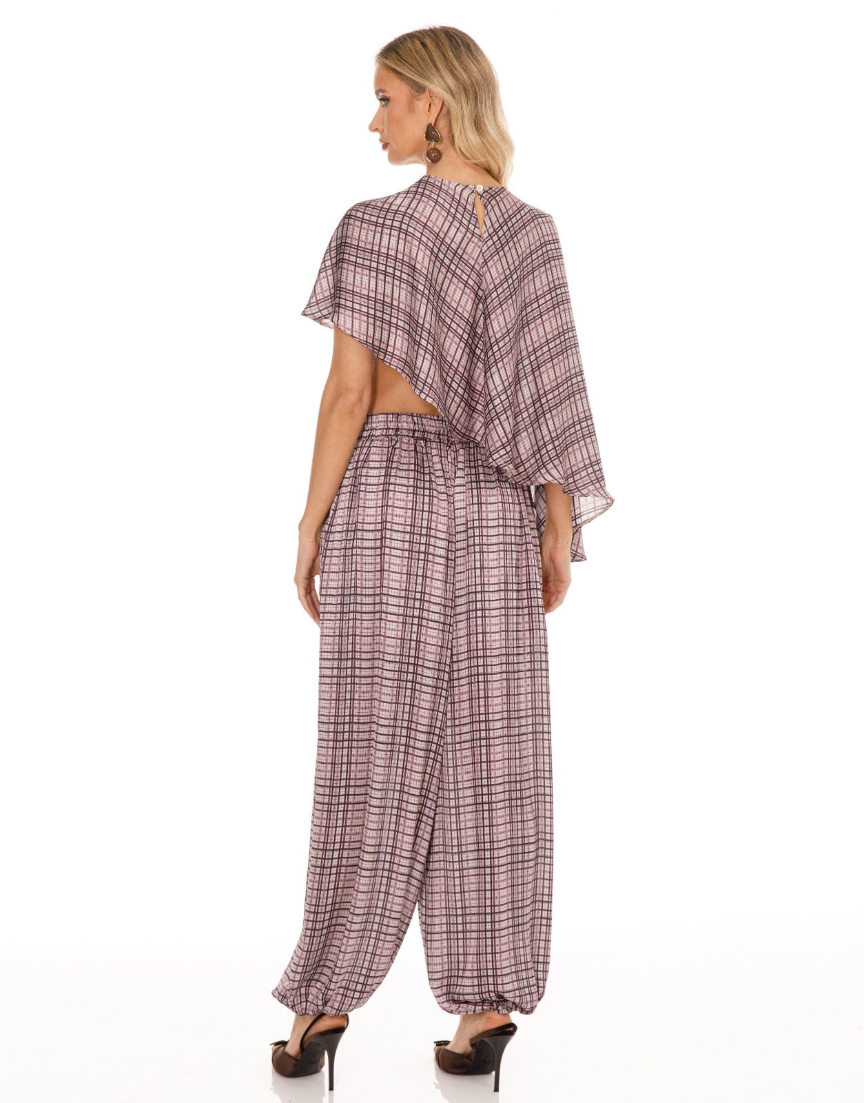 Plaid Cape Top and Pants Matching Set - Purple