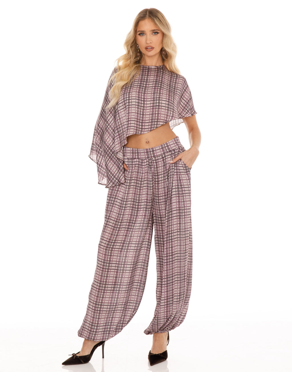 Plaid Cape Top and Pants Matching Set - Purple