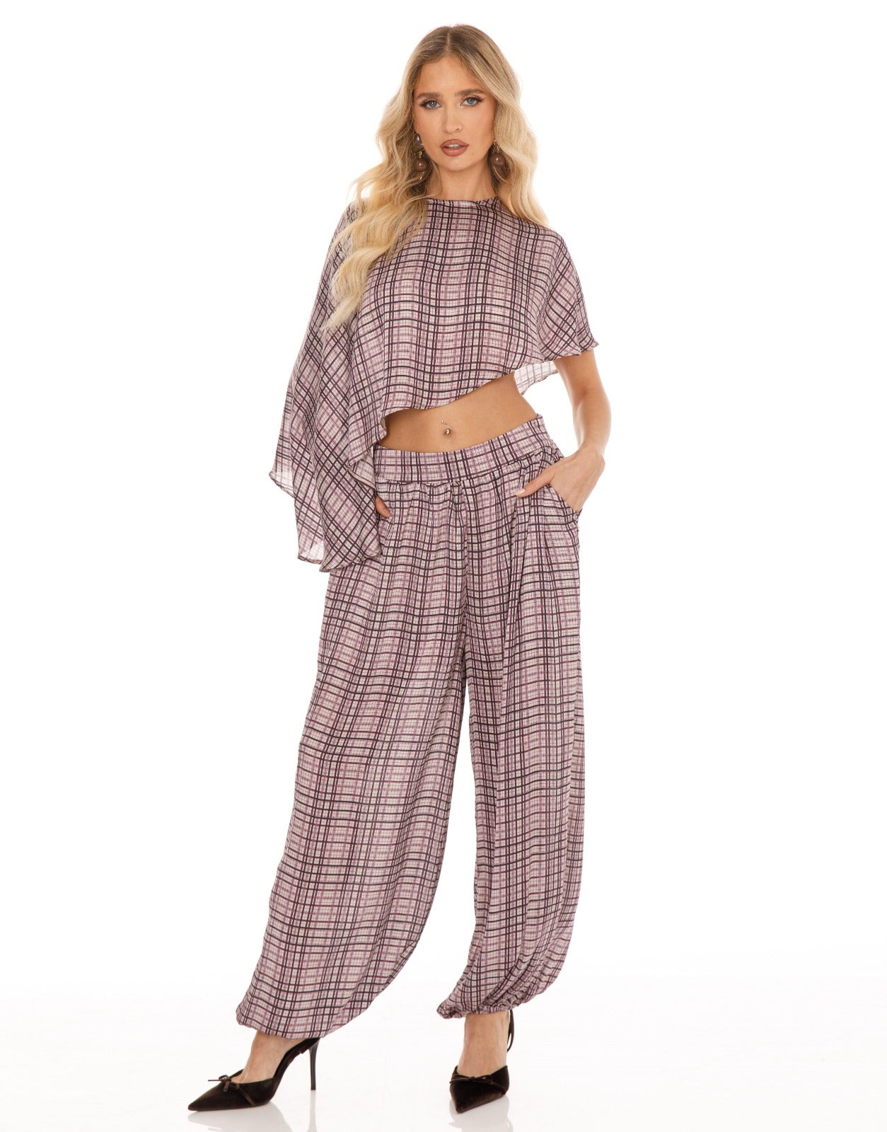 Plaid Cape Top and Pants Matching Set - Purple