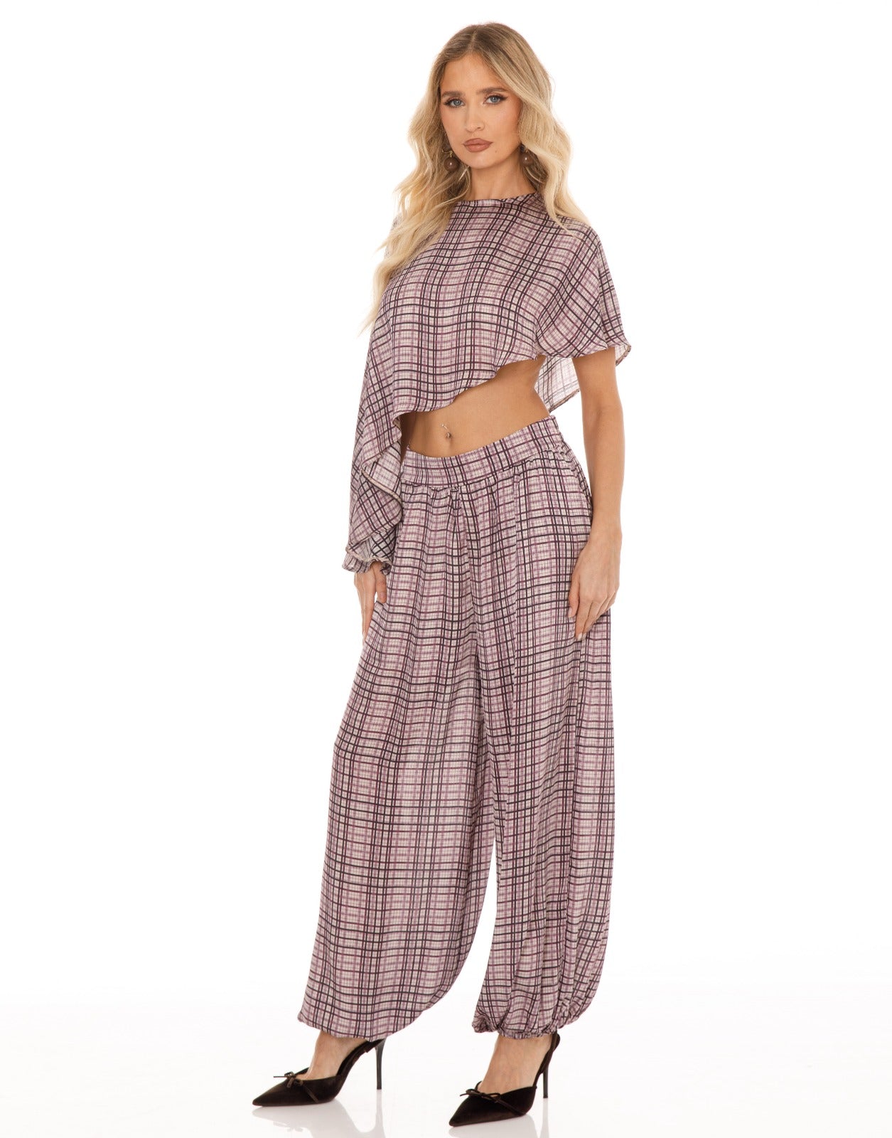 Plaid Cape Top and Pants Matching Set - Purple