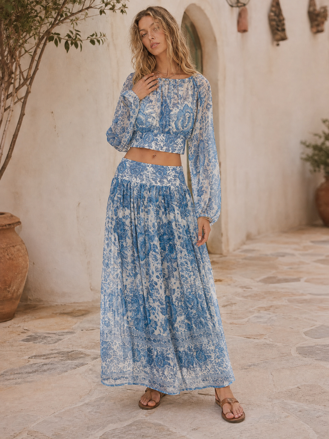 Two-Piece Set With Crop Top And Maxi Skirt - Light Blue