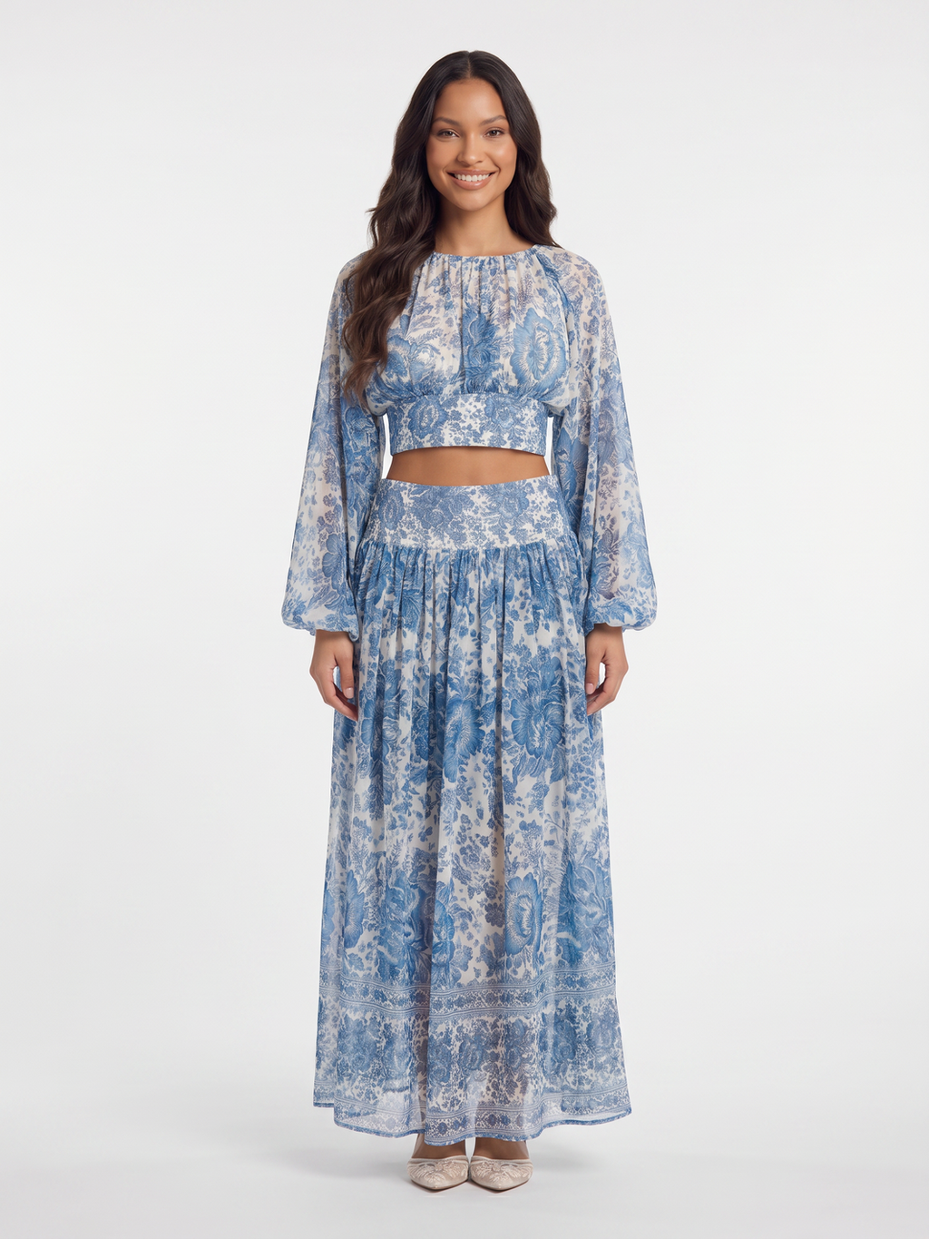 Two-Piece Set With Crop Top And Maxi Skirt - Light Blue