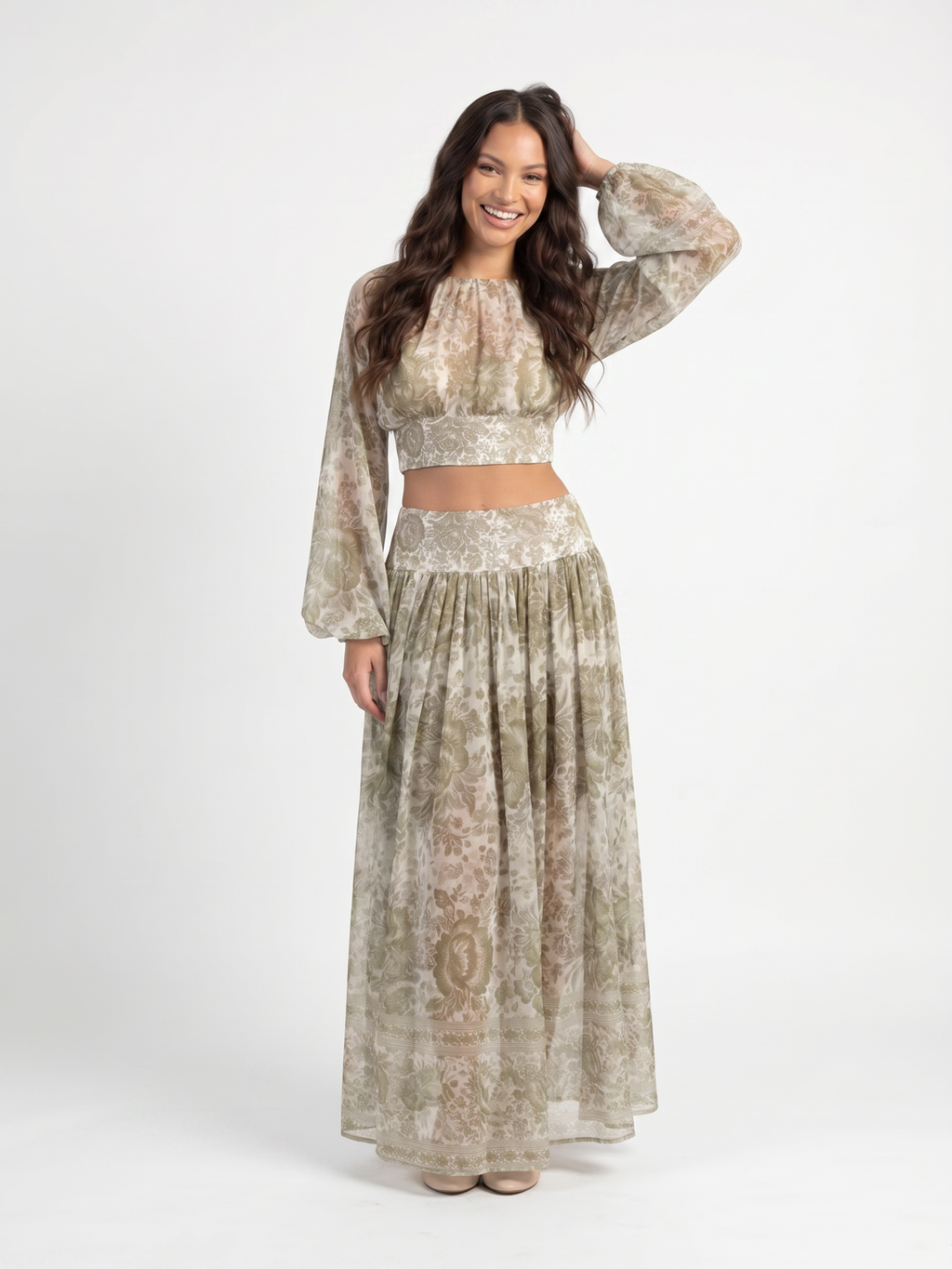 Two-Piece Set With Crop Top And Maxi Skirt - Green