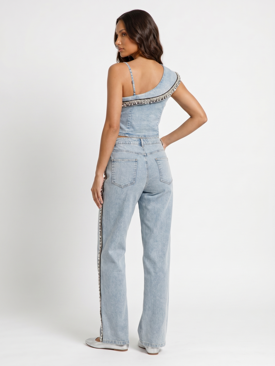 Denim Crop Top And Jeans Set - Denim
