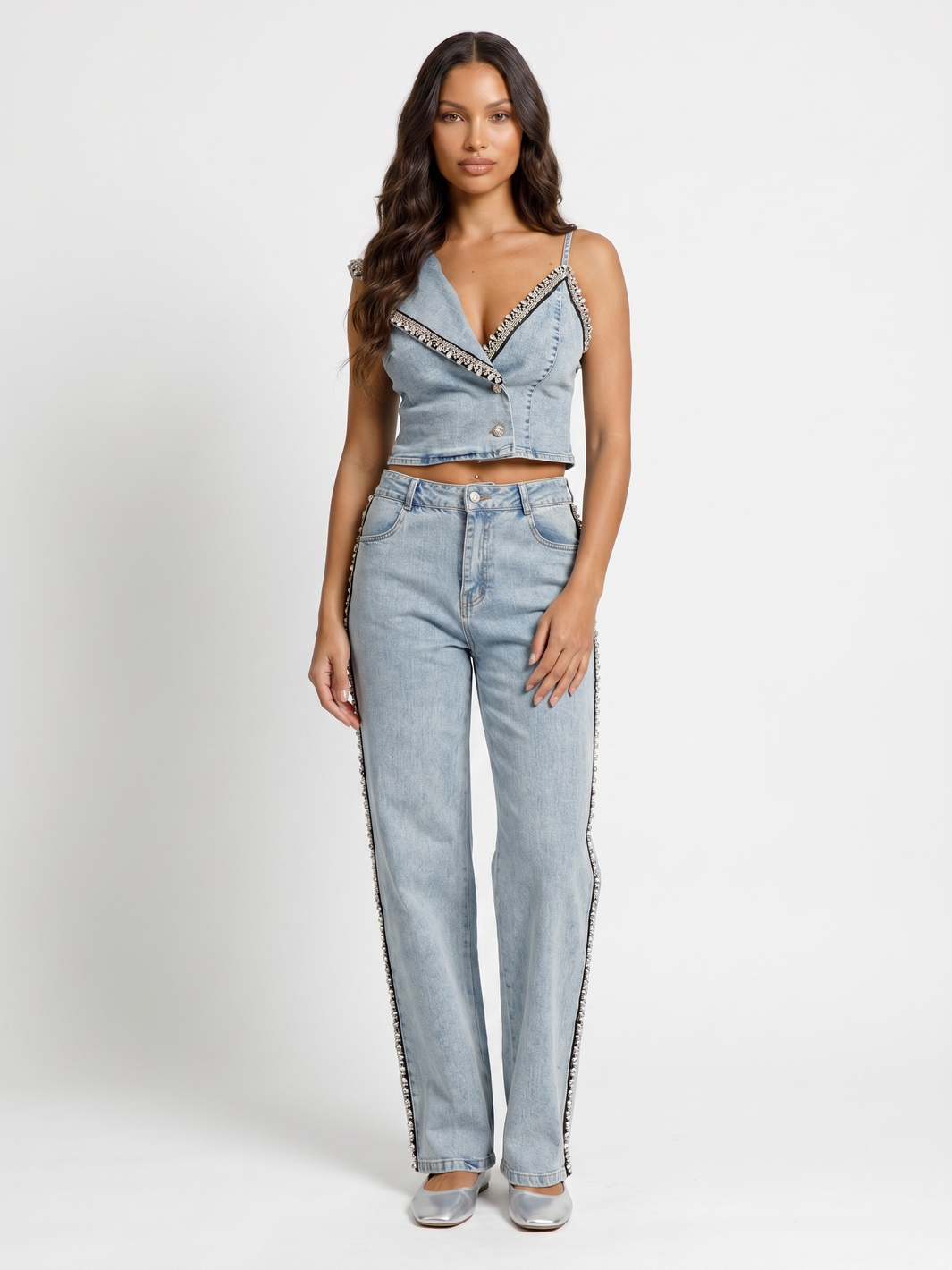 Denim Crop Top And Jeans Set - Denim