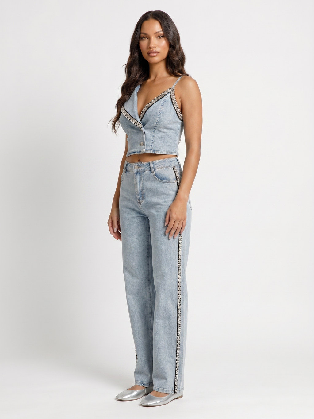 Denim Crop Top And Jeans Set - Denim