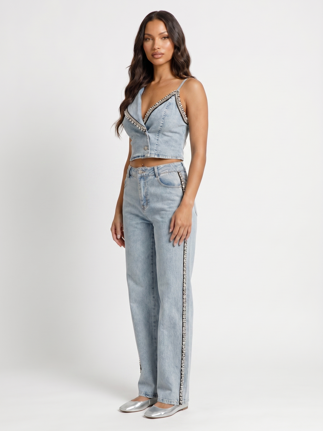 Denim Crop Top And Jeans Set - Denim