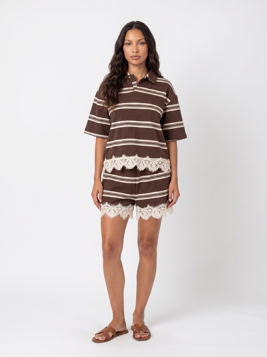 Striped Top and Shorts Set - Brown