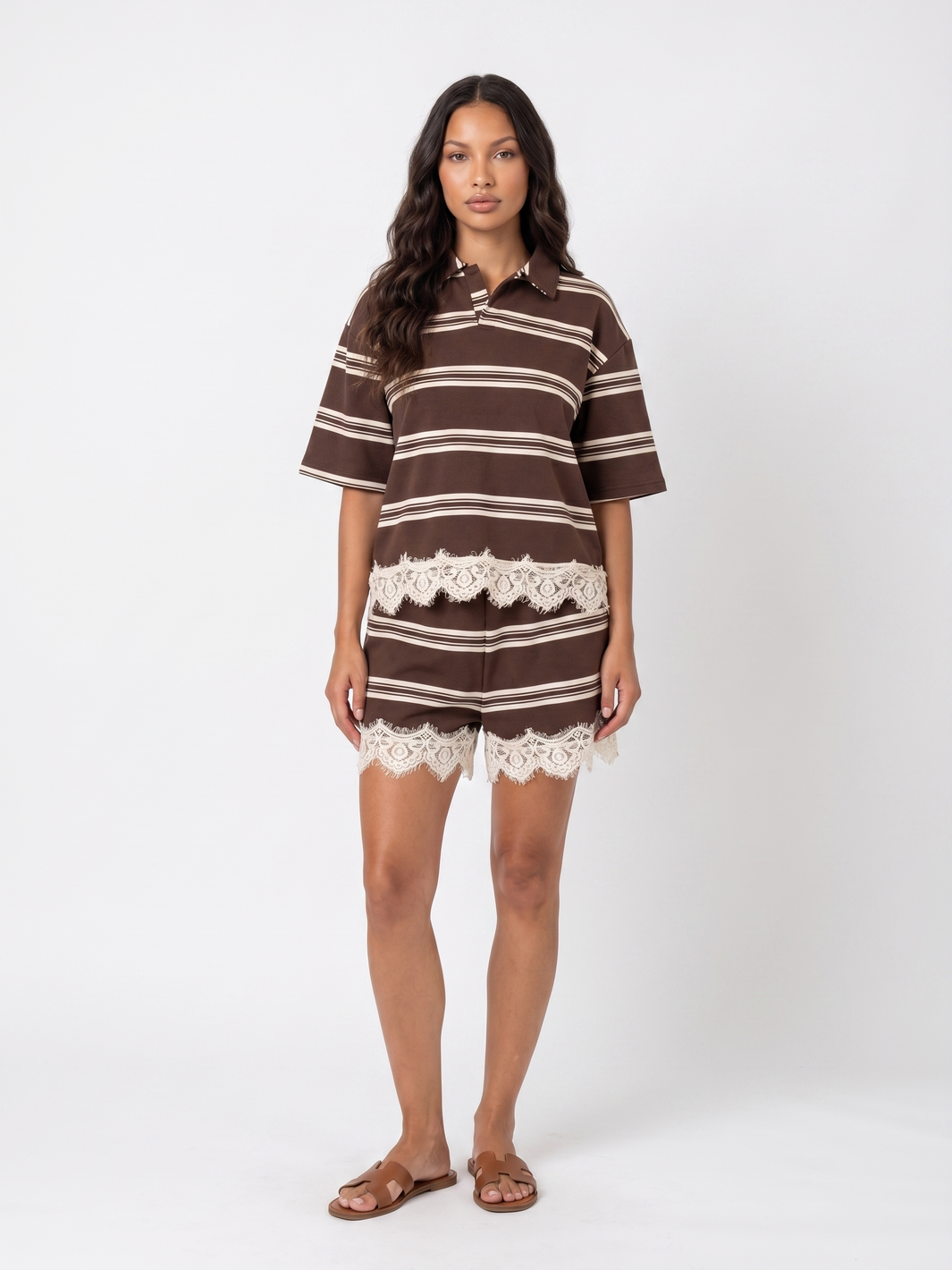 Striped Top and Shorts Set - Brown