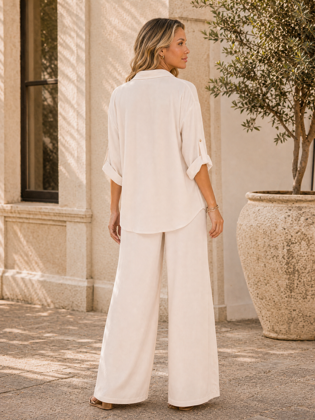 Two Piece Set With A Button Up Shirt and Wide Leg Pants - Pink