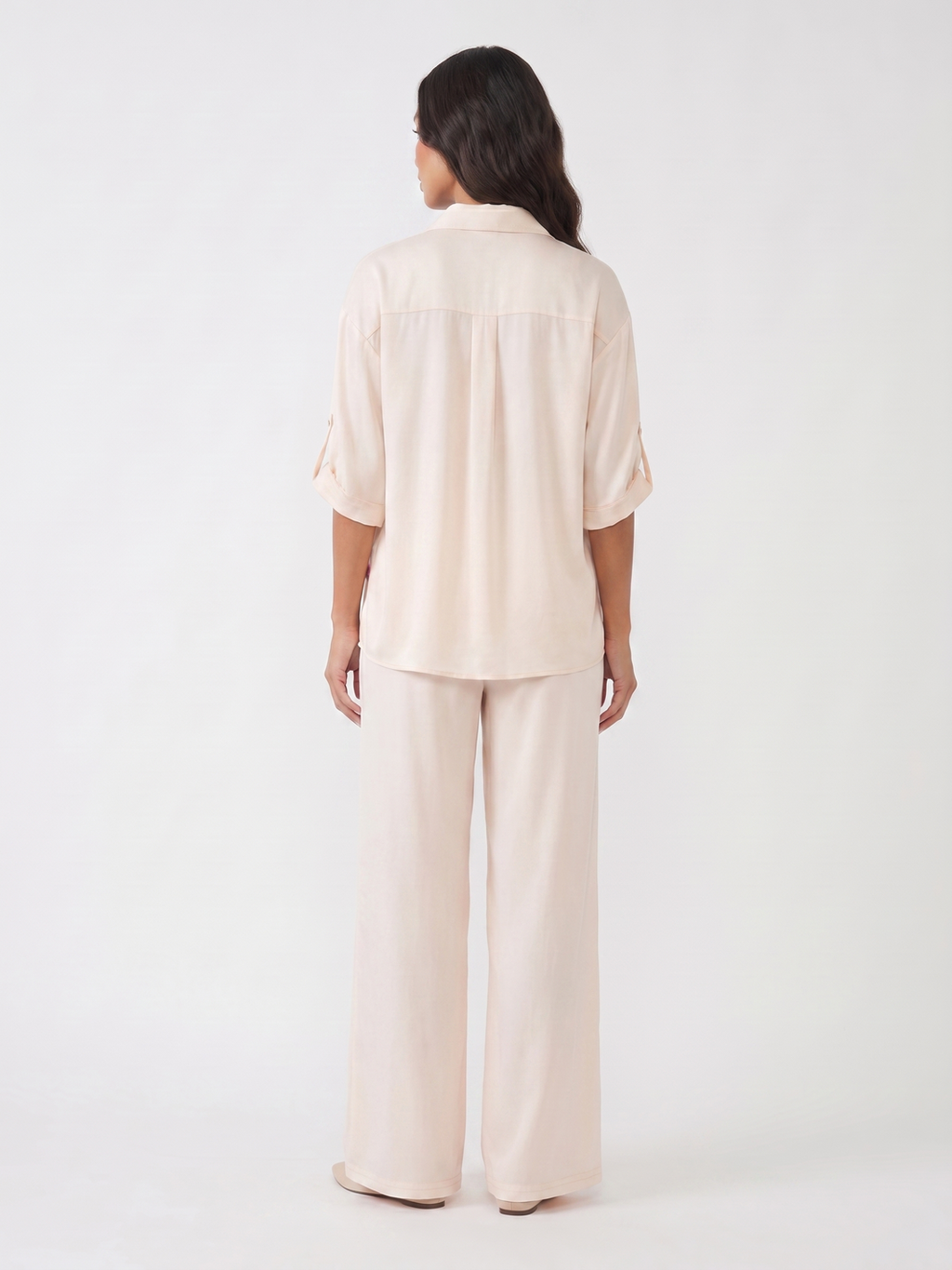 Two Piece Set With A Button Up Shirt and Wide Leg Pants - Pink