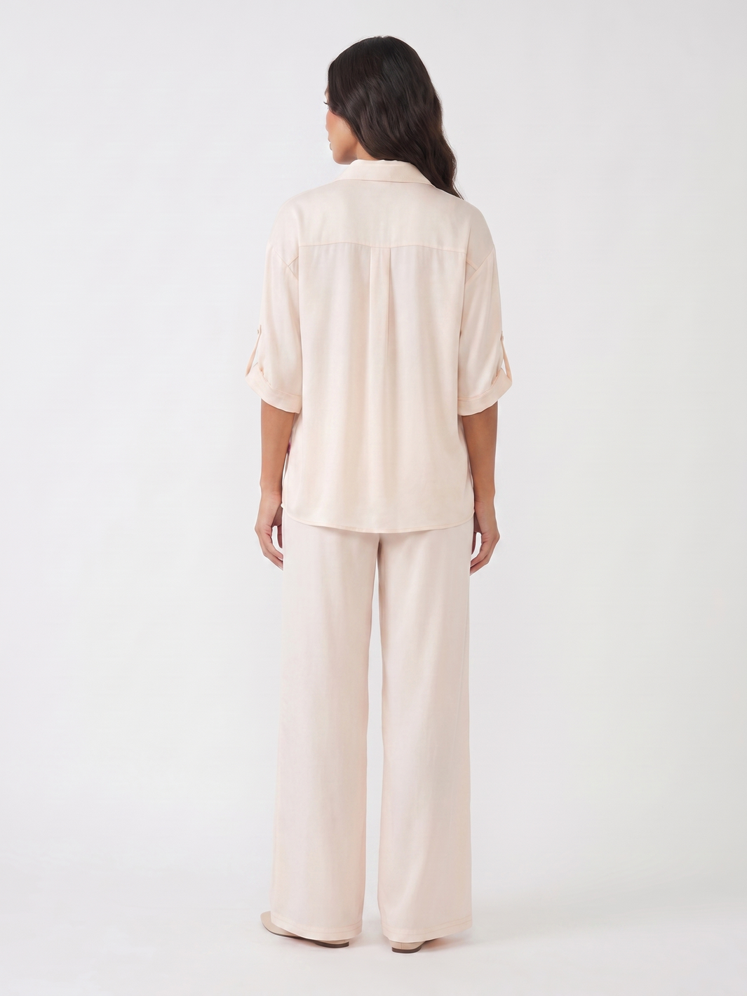 Two Piece Set With A Button Up Shirt and Wide Leg Pants - Pink