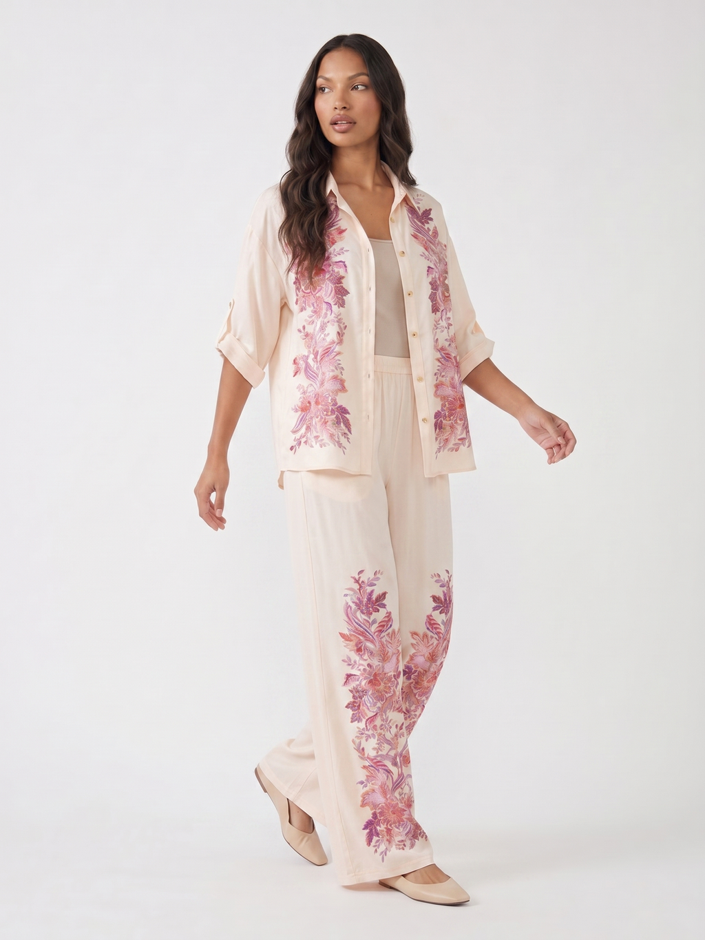 Two Piece Set With A Button Up Shirt and Wide Leg Pants - Pink