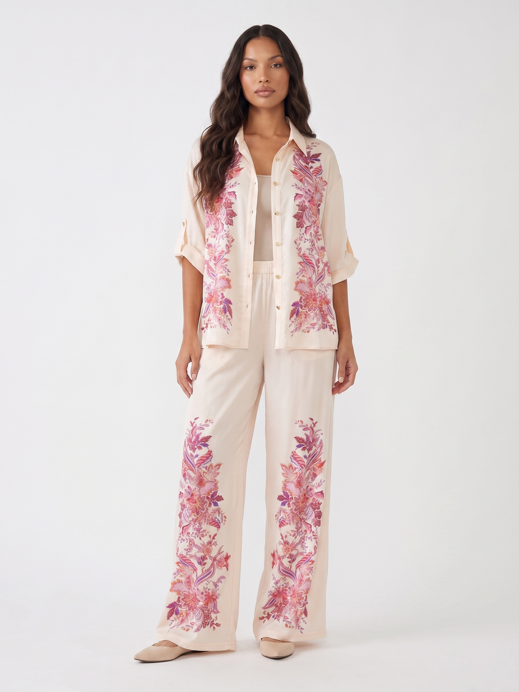 Two Piece Set With A Button Up Shirt and Wide Leg Pants - Pink