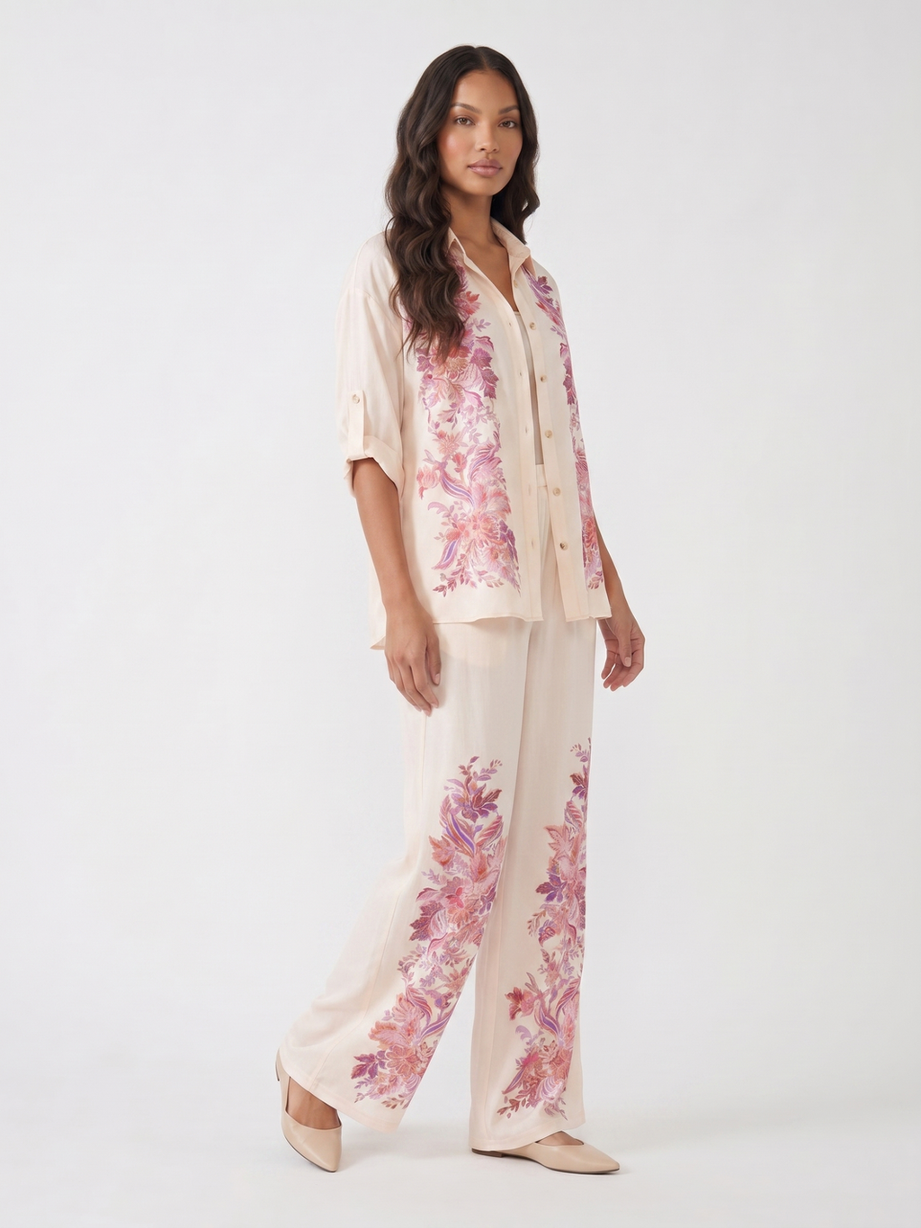 Two Piece Set With A Button Up Shirt and Wide Leg Pants - Pink