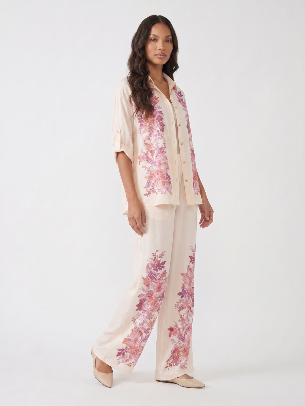 Two Piece Set With A Button Up Shirt and Wide Leg Pants - Pink