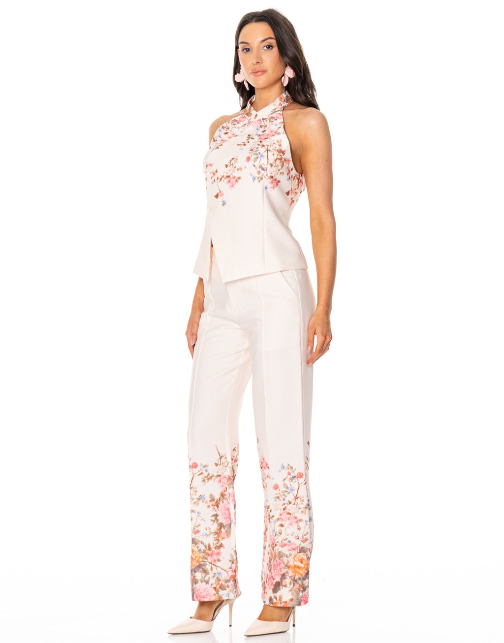 Floral Halter Top + Pants Set - Beige