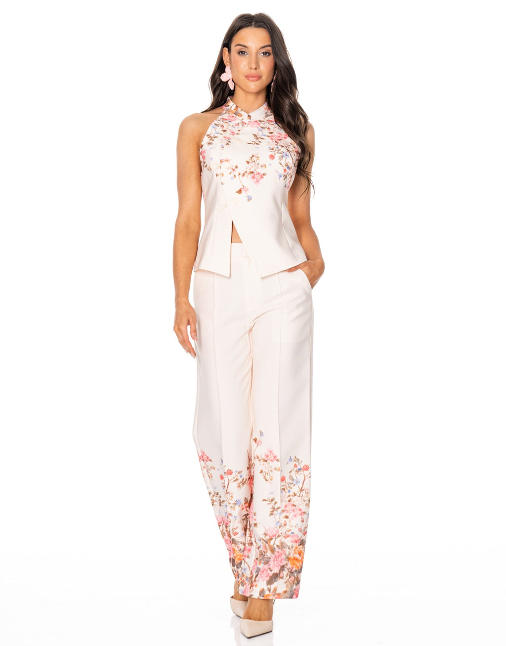 Floral Halter Top + Pants Set - Beige
