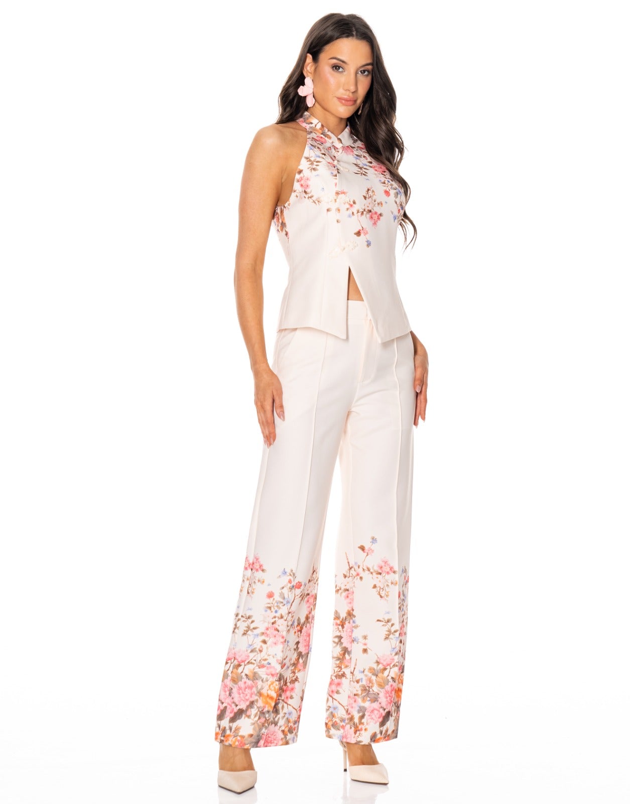 Floral Halter Top + Pants Set - Beige