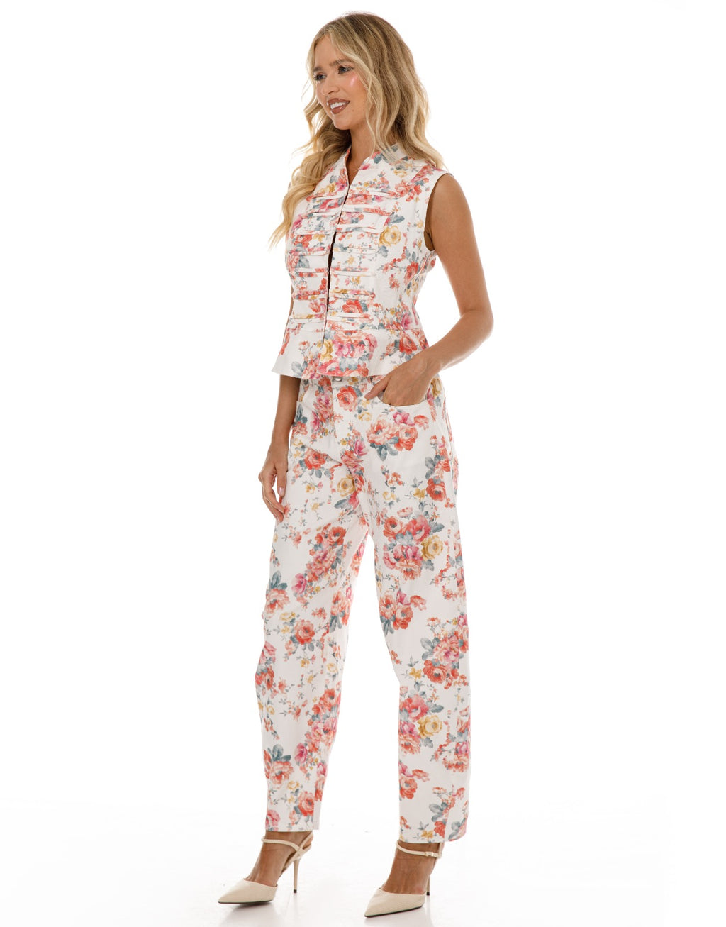 Floral Vest and Pants Matching Set - White