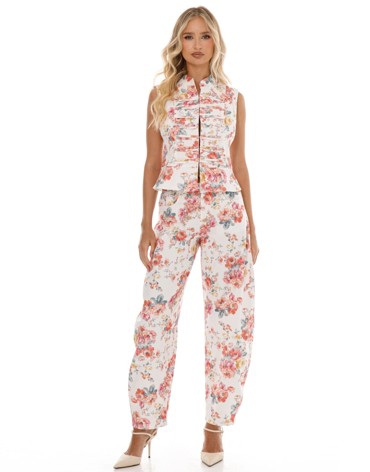 Floral Vest and Pants Matching Set - White