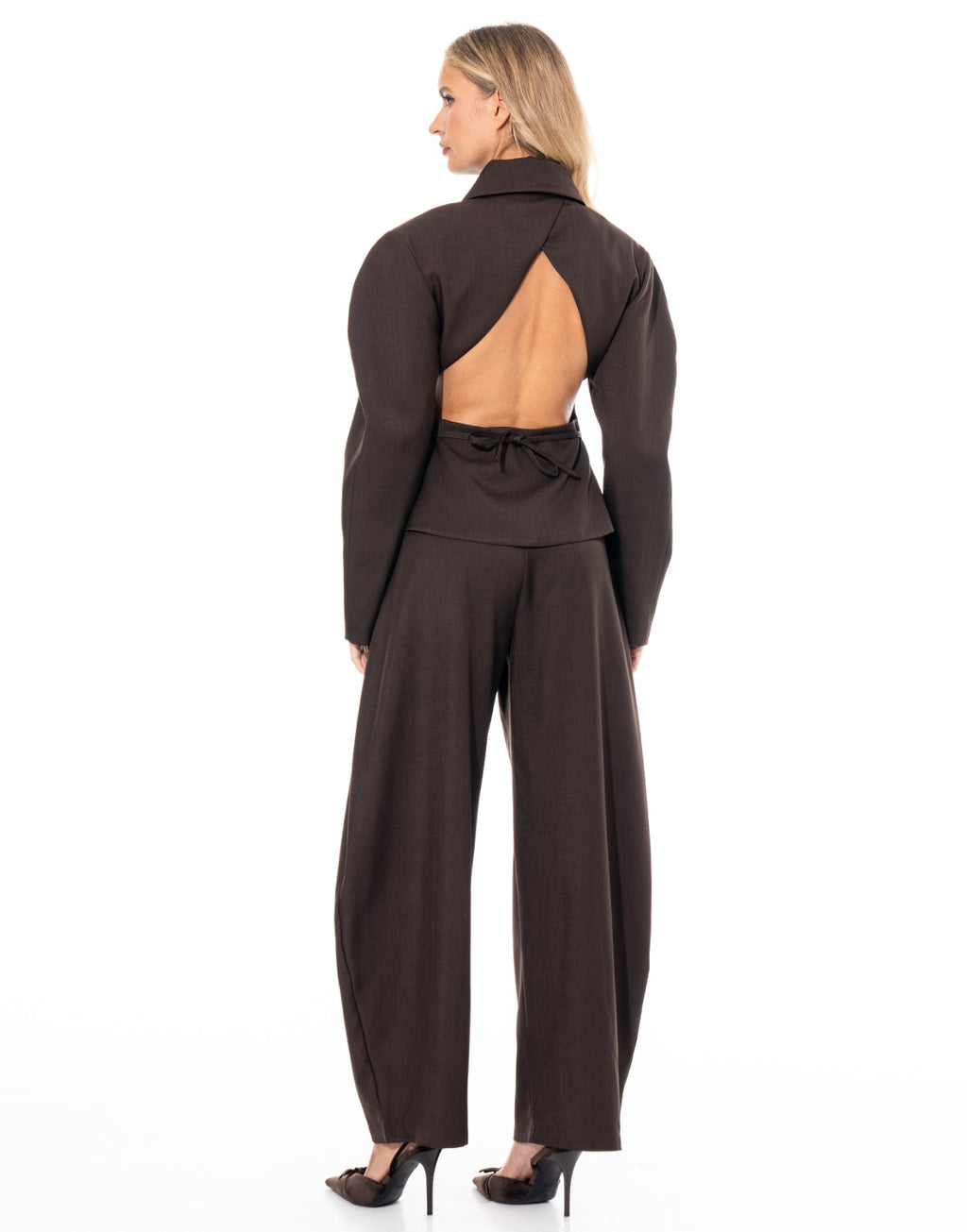 Blazer + Wide Leg Pants Set - Brown