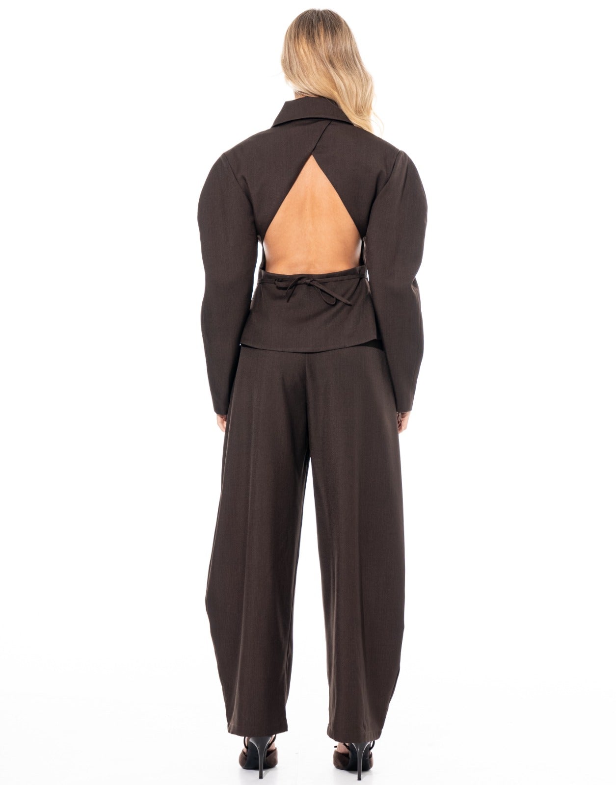Blazer + Wide Leg Pants Set - Brown