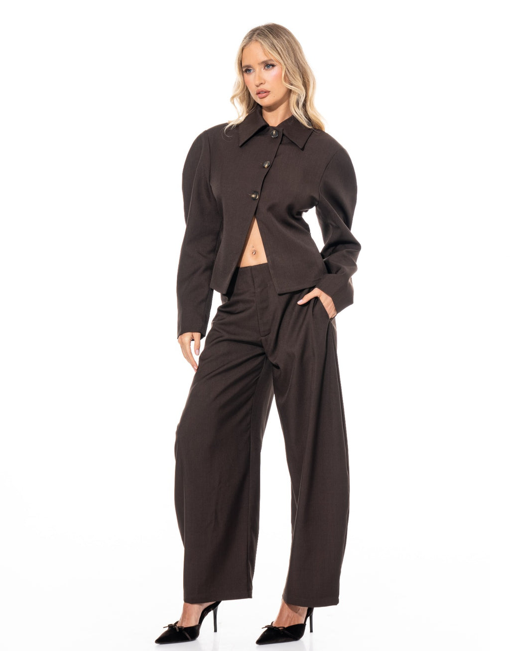 Blazer + Wide Leg Pants Set - Brown