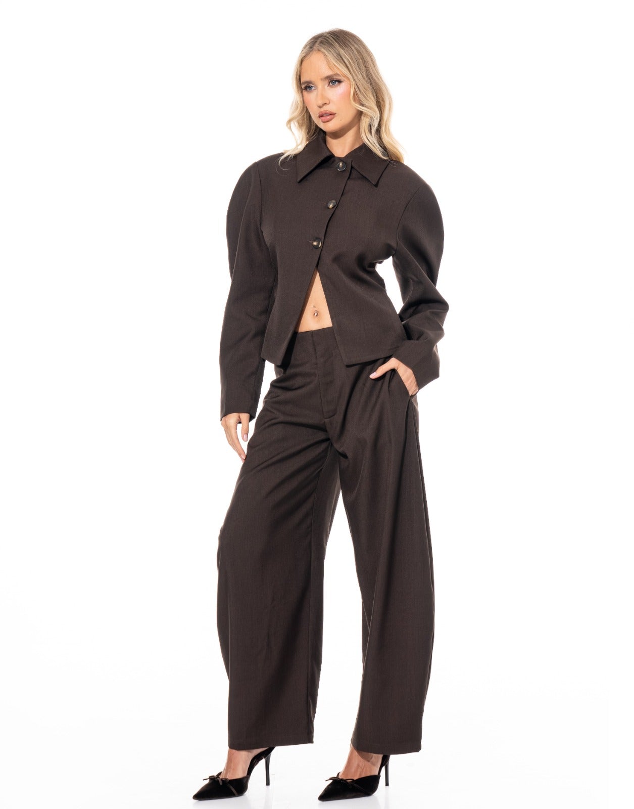 Blazer + Wide Leg Pants Set - Brown
