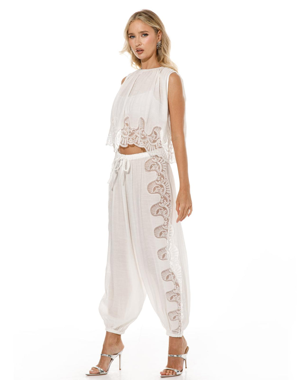 Lace Applique Gauze Top Harem Pant Set - White