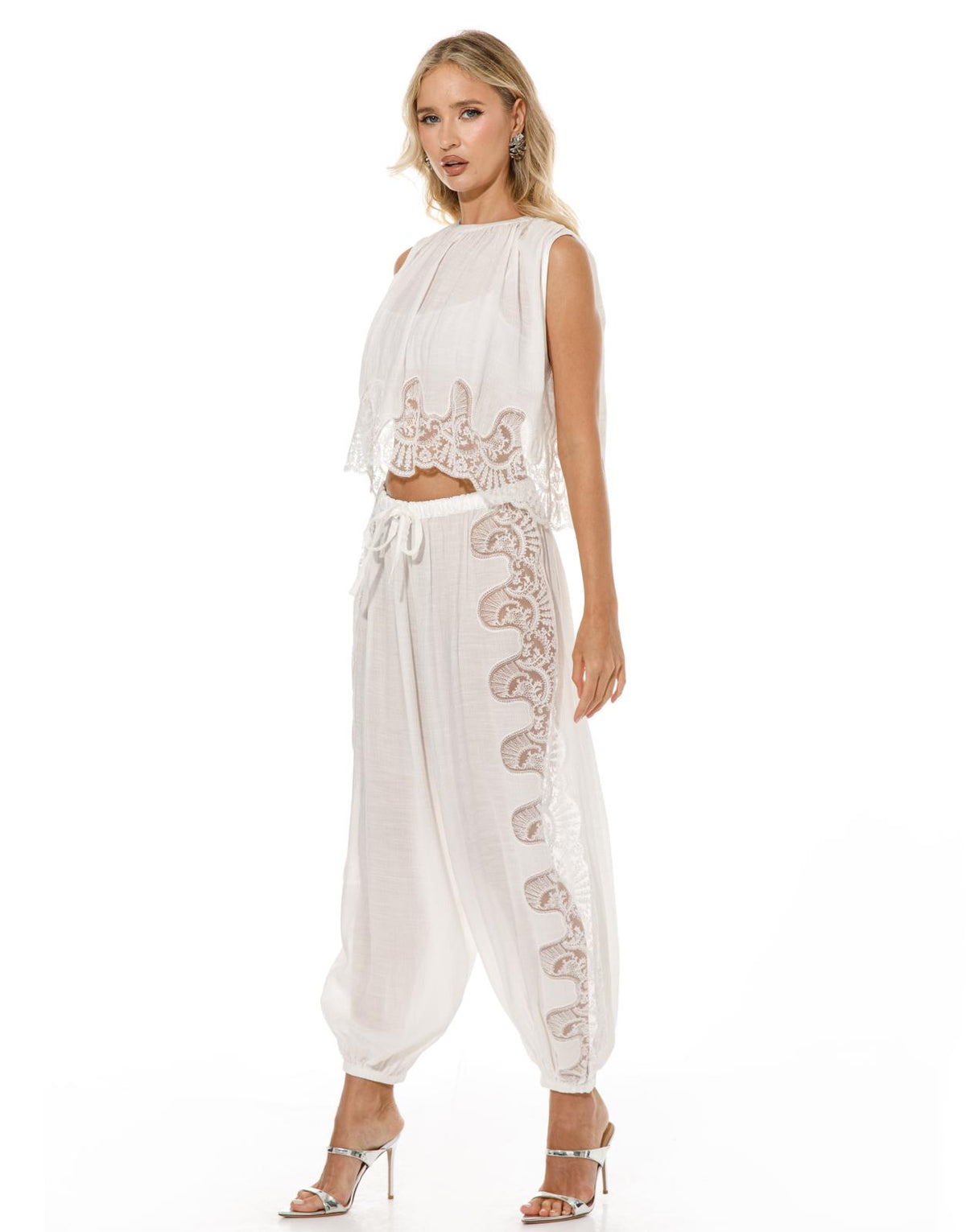 Lace Applique Gauze Top Harem Pant Set - White