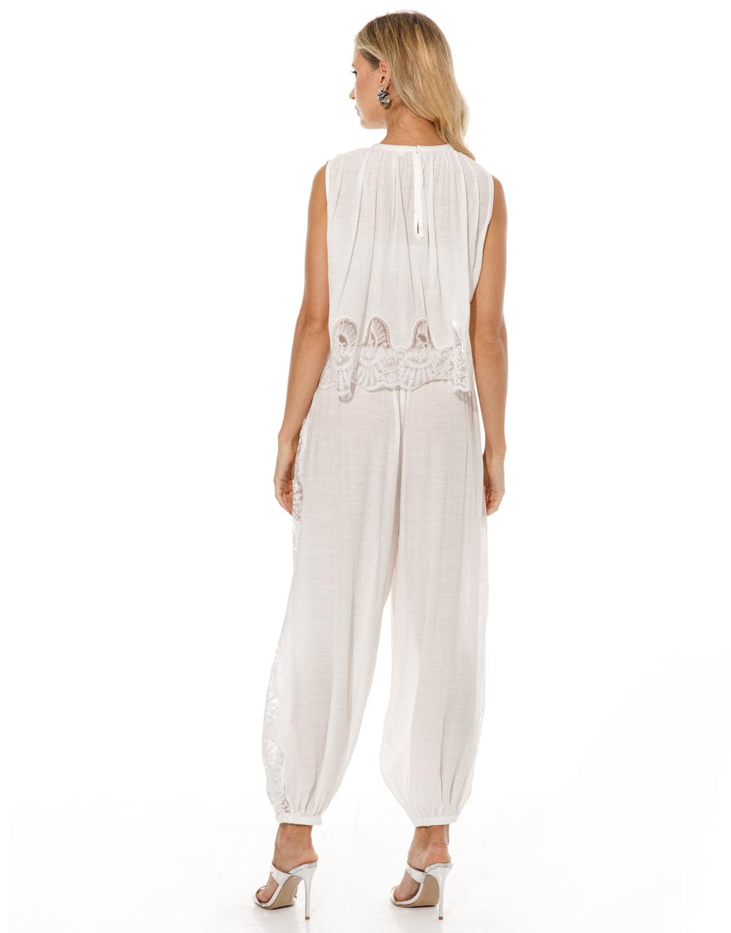 Lace Applique Gauze Top Harem Pant Set - White