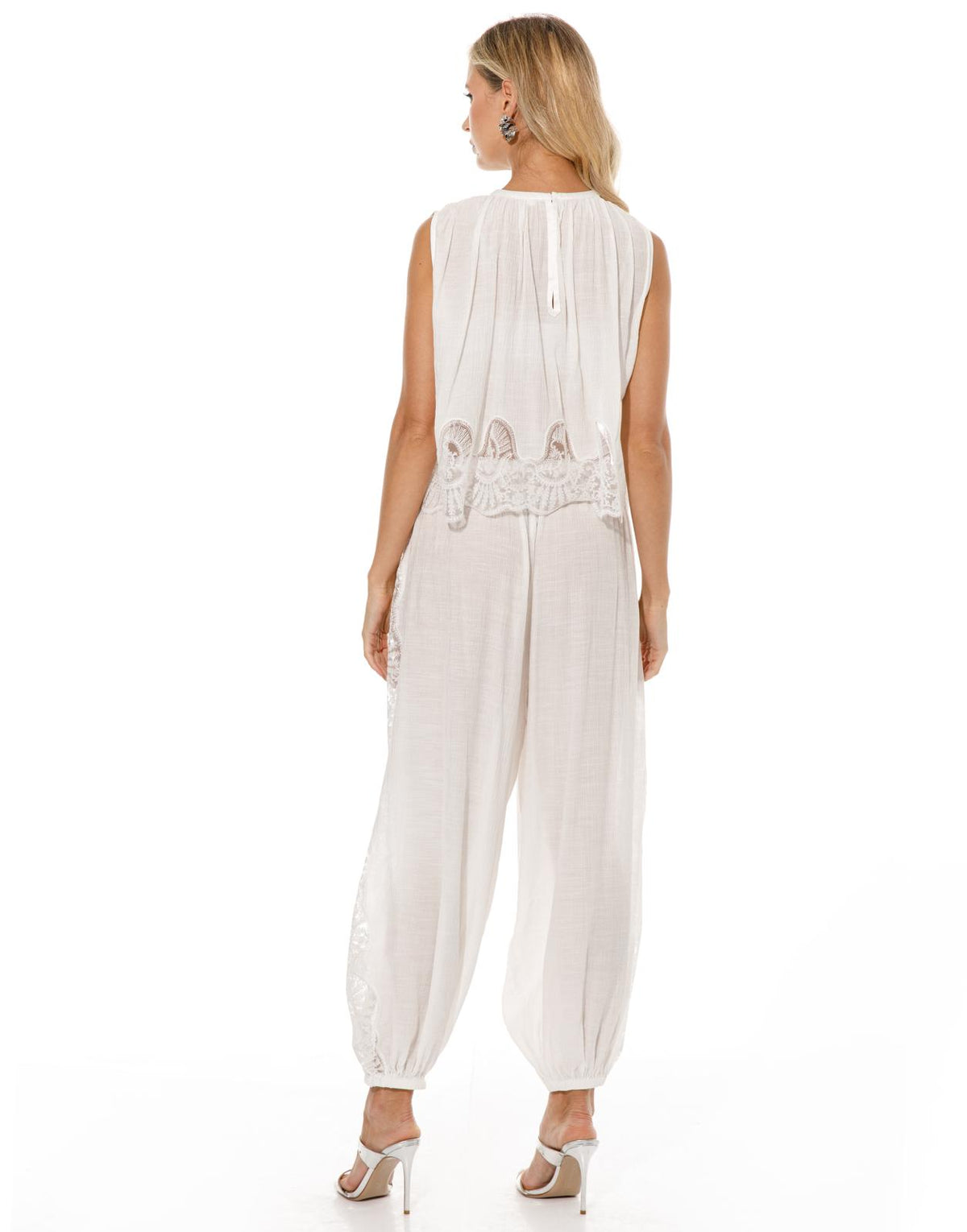Lace Applique Gauze Top Harem Pant Set - White