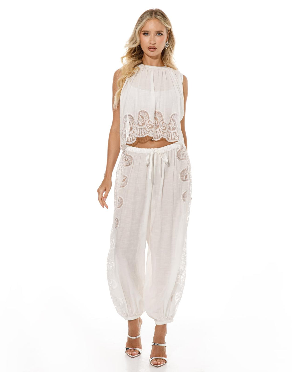 Lace Applique Gauze Top Harem Pant Set - White