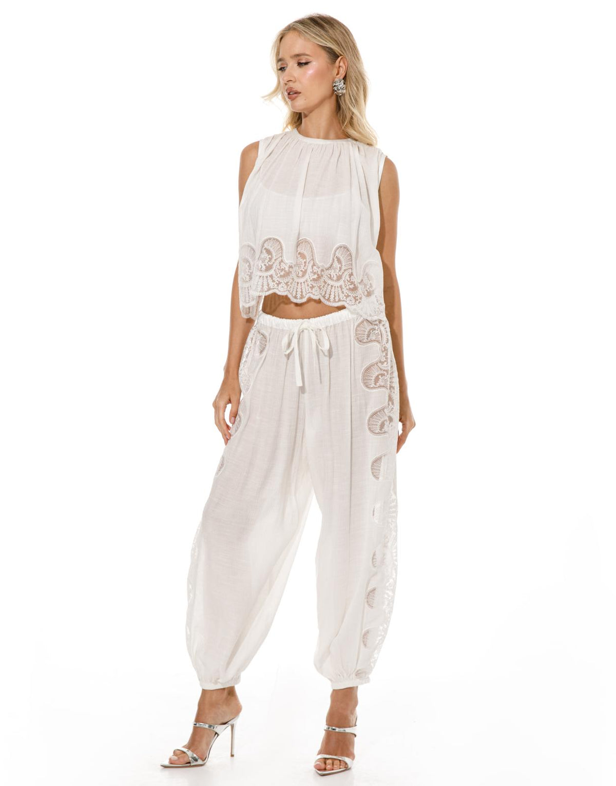 Lace Applique Gauze Top Harem Pant Set - White