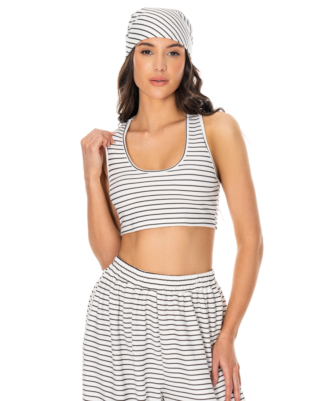Striped Bandana Bra Harem Pant Set - White