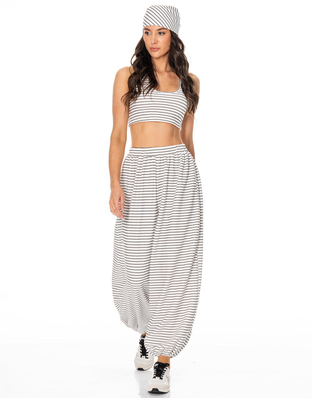Striped Bandana Bra Harem Pant Set - White
