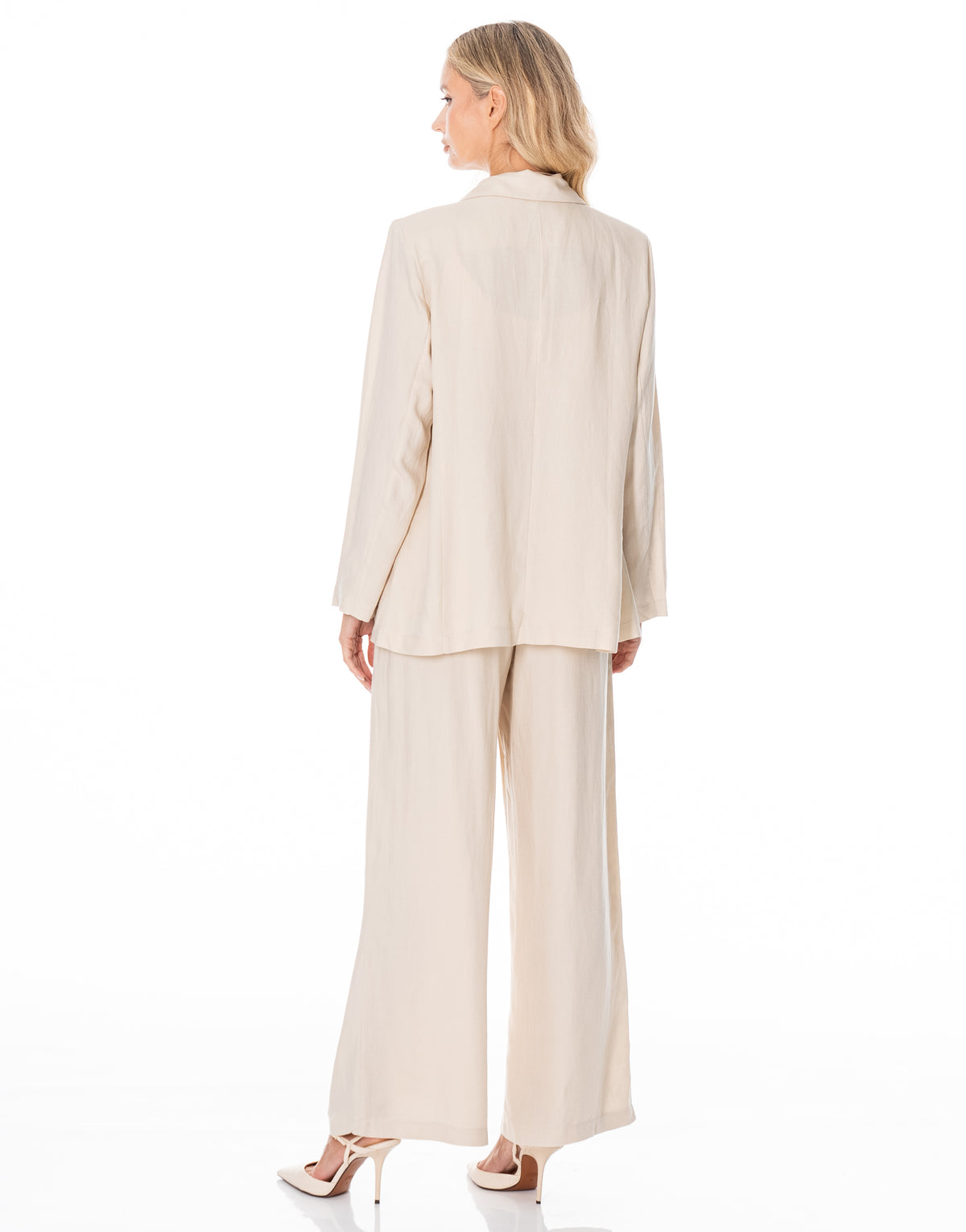 Linen Blazer Wide Pant Suit Set - Apricot