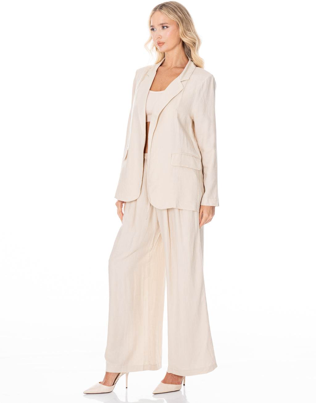 Linen Blazer Wide Pant Suit Set - Apricot