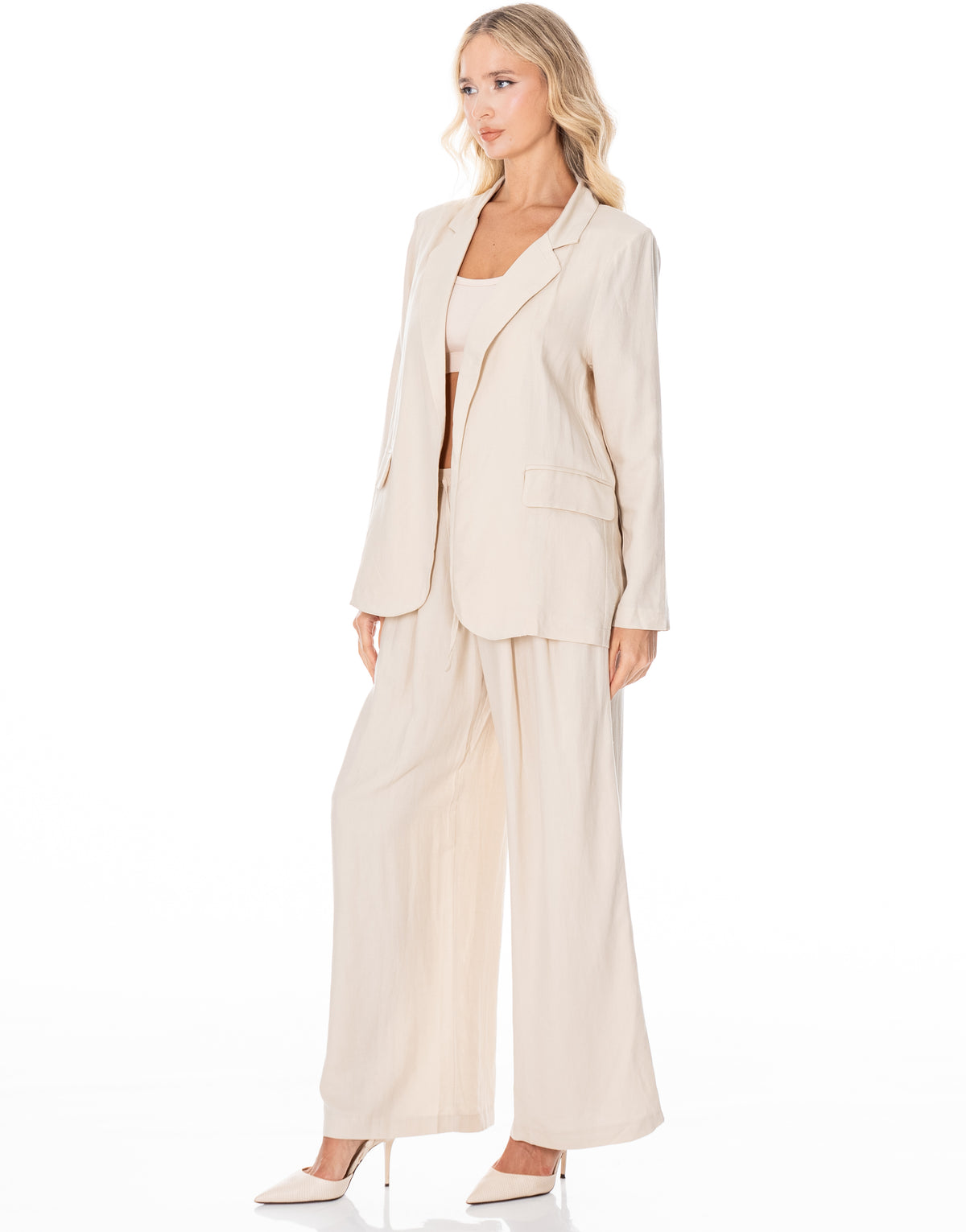 Linen Blazer Wide Pant Suit Set - Apricot