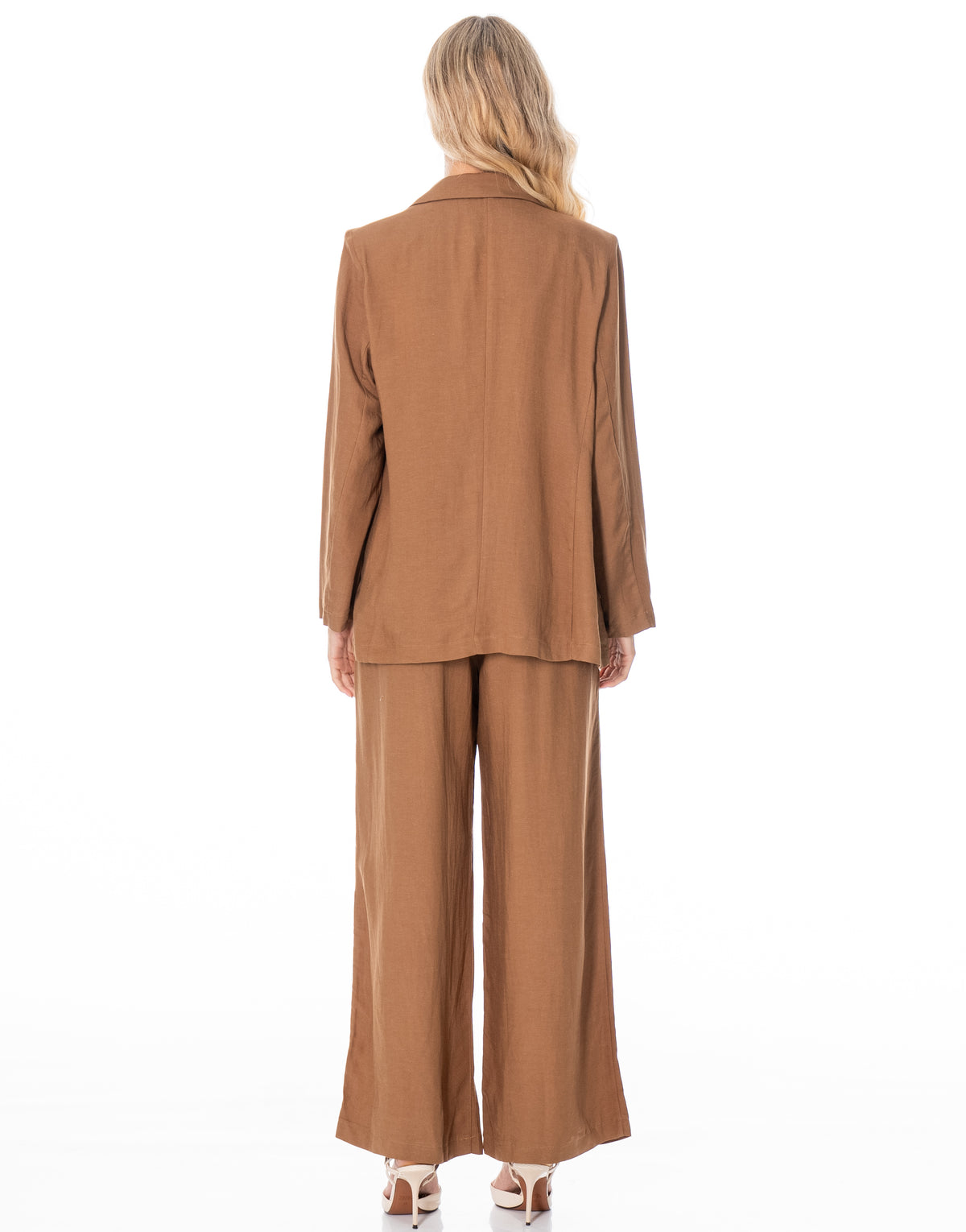 Linen Blazer Wide Pant Suit Set - Brown