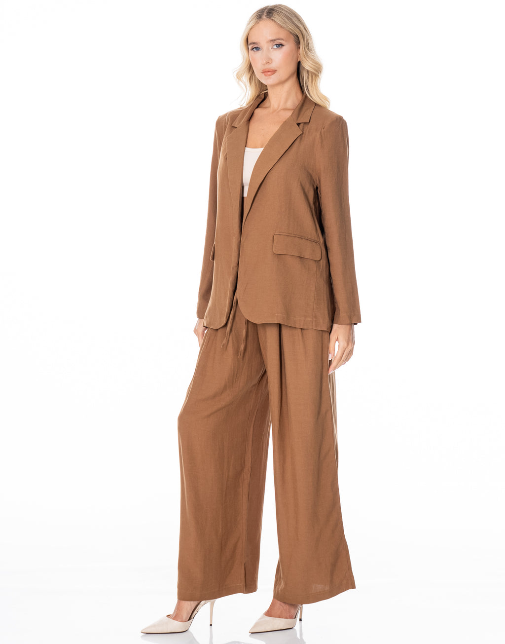 Linen Blazer Wide Pant Suit Set - Brown